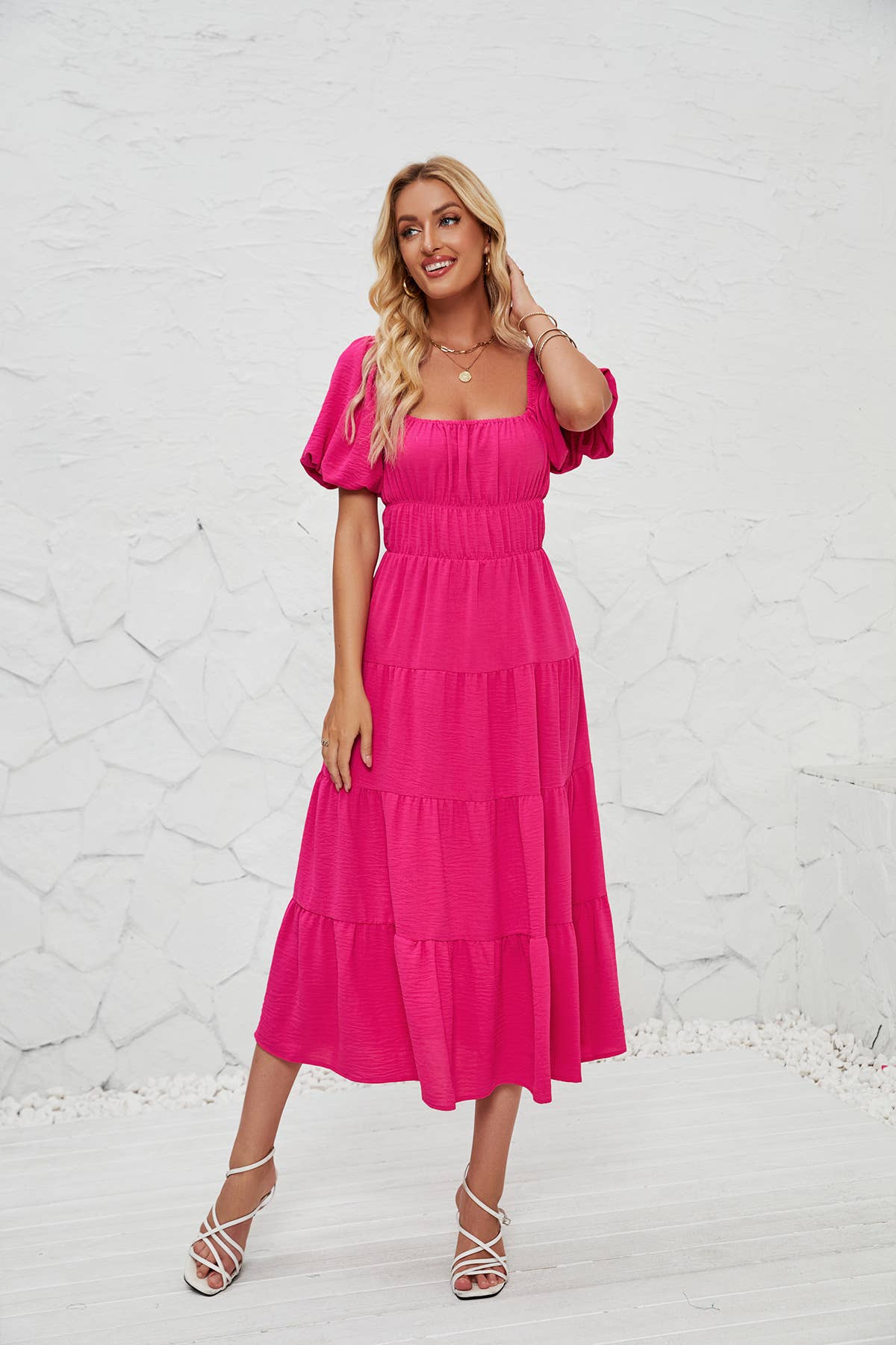 SQUARE-NECK HIGH-WAISTED PLEATED DRESS