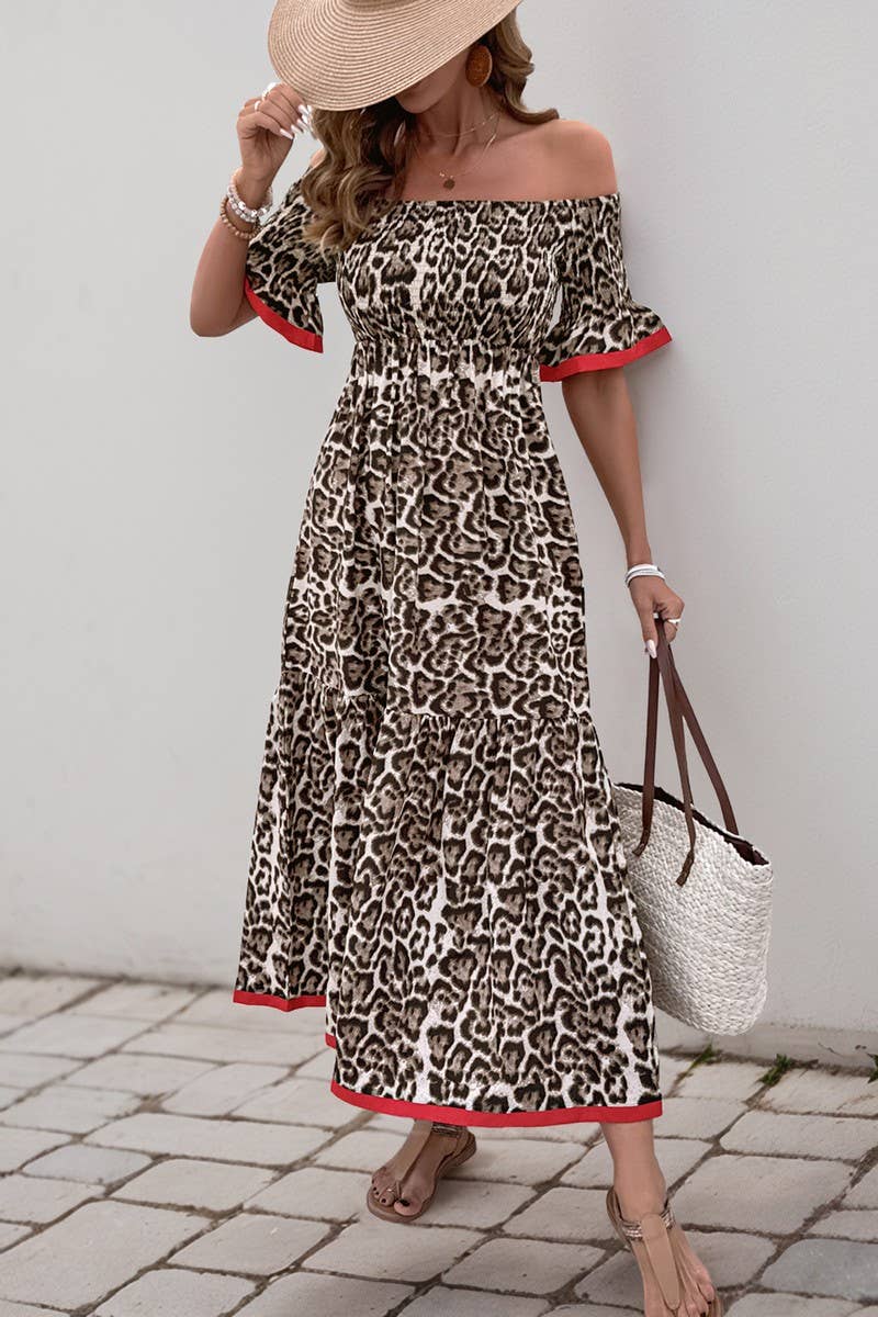 CWDMD4951_RUFFLE LEOPARD PRINT OFF-SHOULDER MIDI DRESS