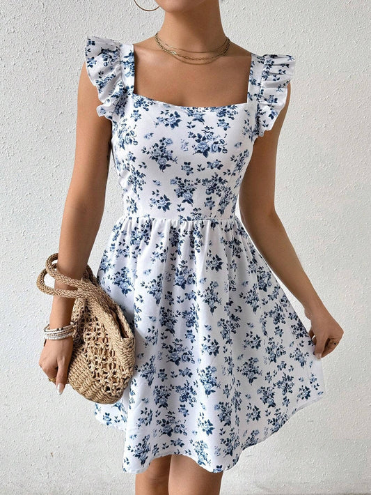 Sweet fit & flare floral ruffle sleeves dress
