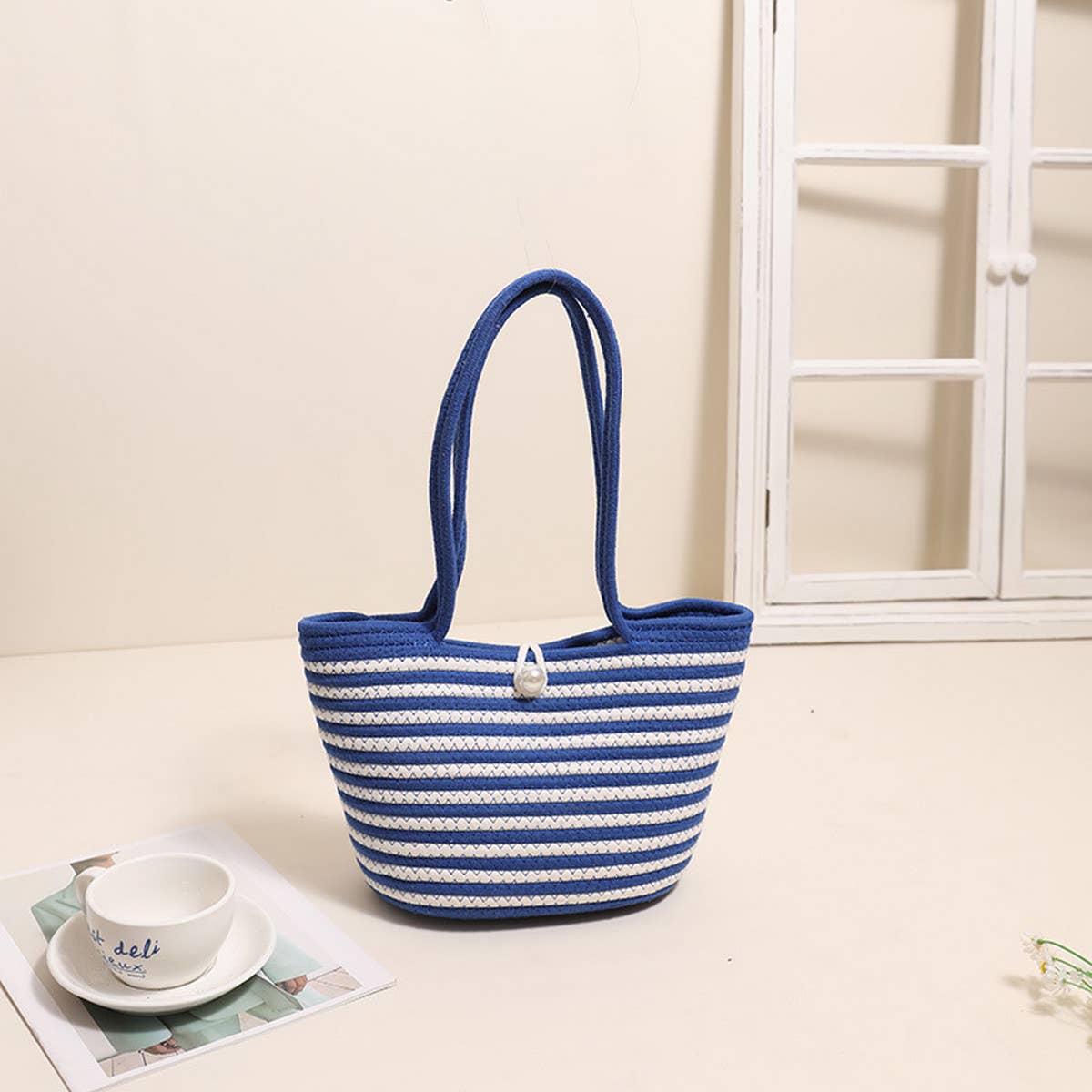 LARGE CAPACITY STRIPED SHOULDER BAG STRAW BAG_CWAB1882