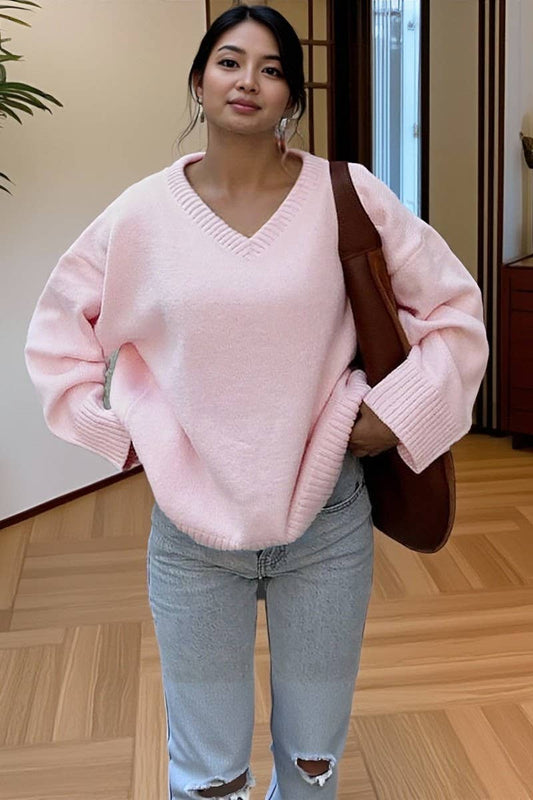 CWOSWL07486_CASUAL V-NECK SOLID LONG SLEEVE KNIT SHIRT