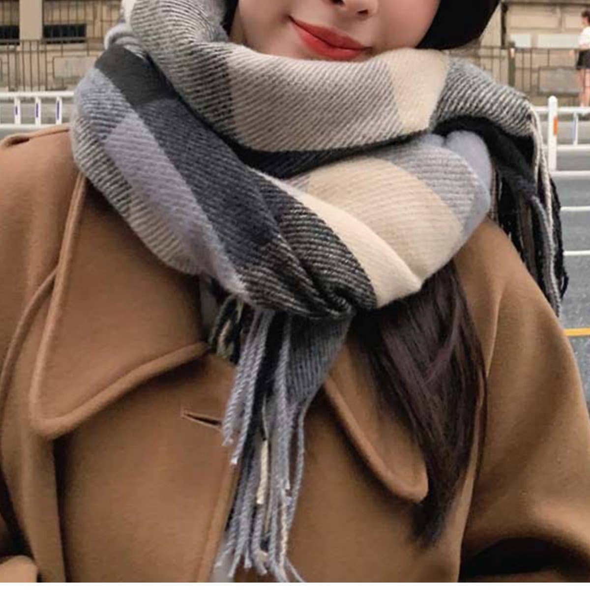 Faux Cashmere Plaid Scarf with Tassels for Men