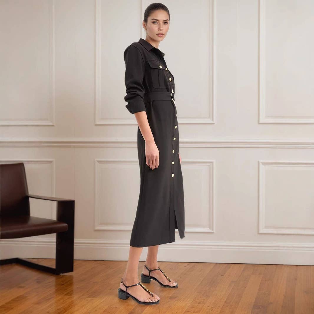 Single-row metal buttoned shirt-style dress