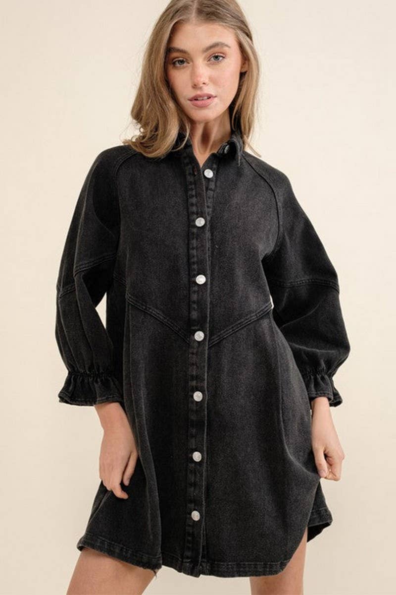 CWJT0026_CASUAL 3/4 SLEEVE BUTTON DOWN DENIM T-SHIRT DRESS