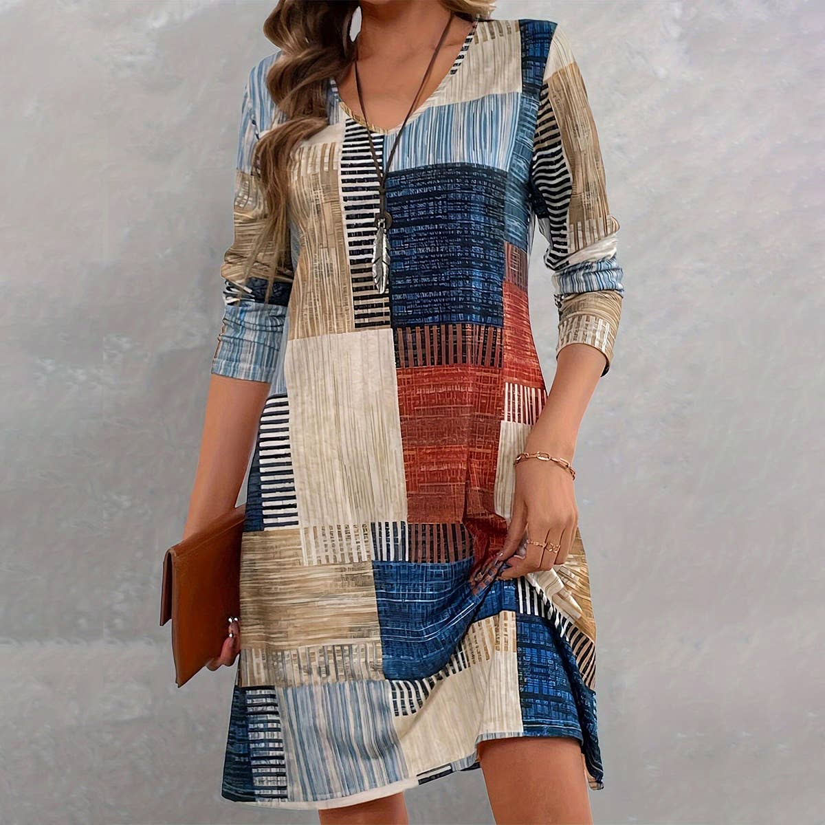 LOOSE FASHION V-NECK COLORFUL PLAID DRESS