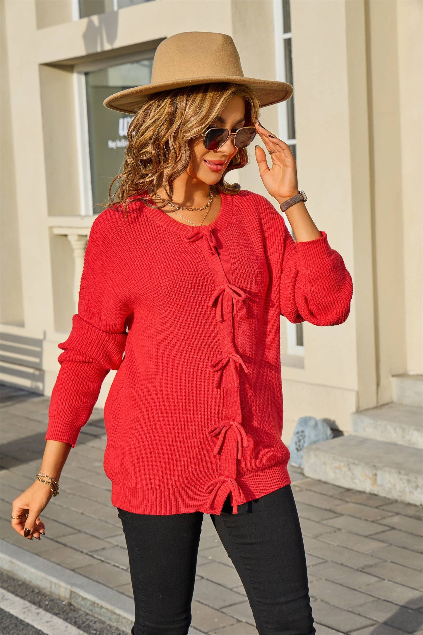 Round-neck solid-color knitted Cardigan