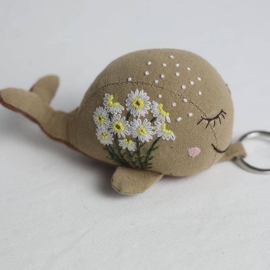 Hand-Embroidered White Flower Whale Plush Charm