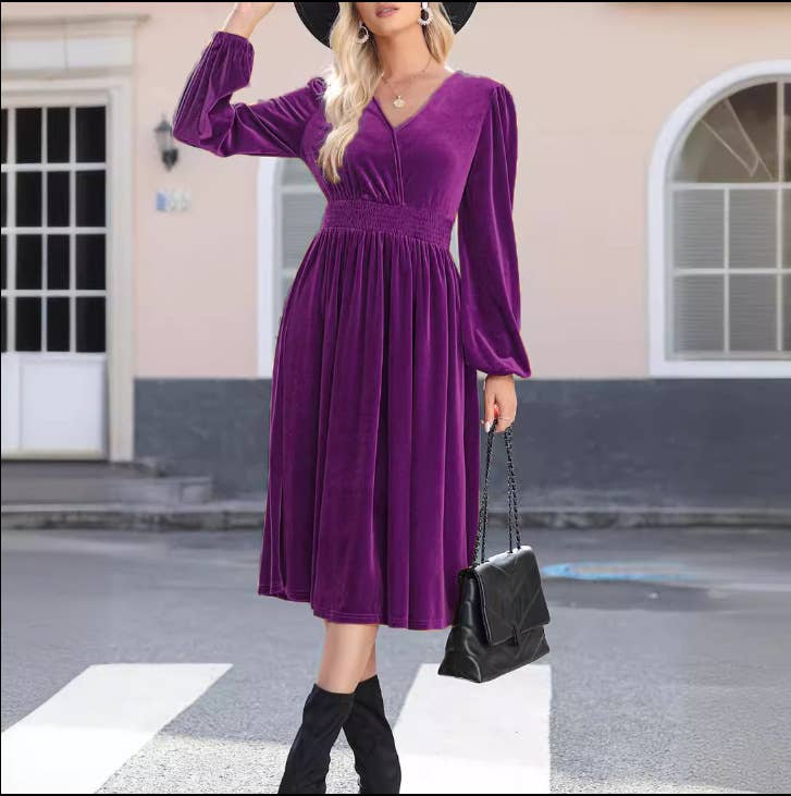 SOLID COLOR V-NECK PLEATED HIGH-WAISTED DRESS