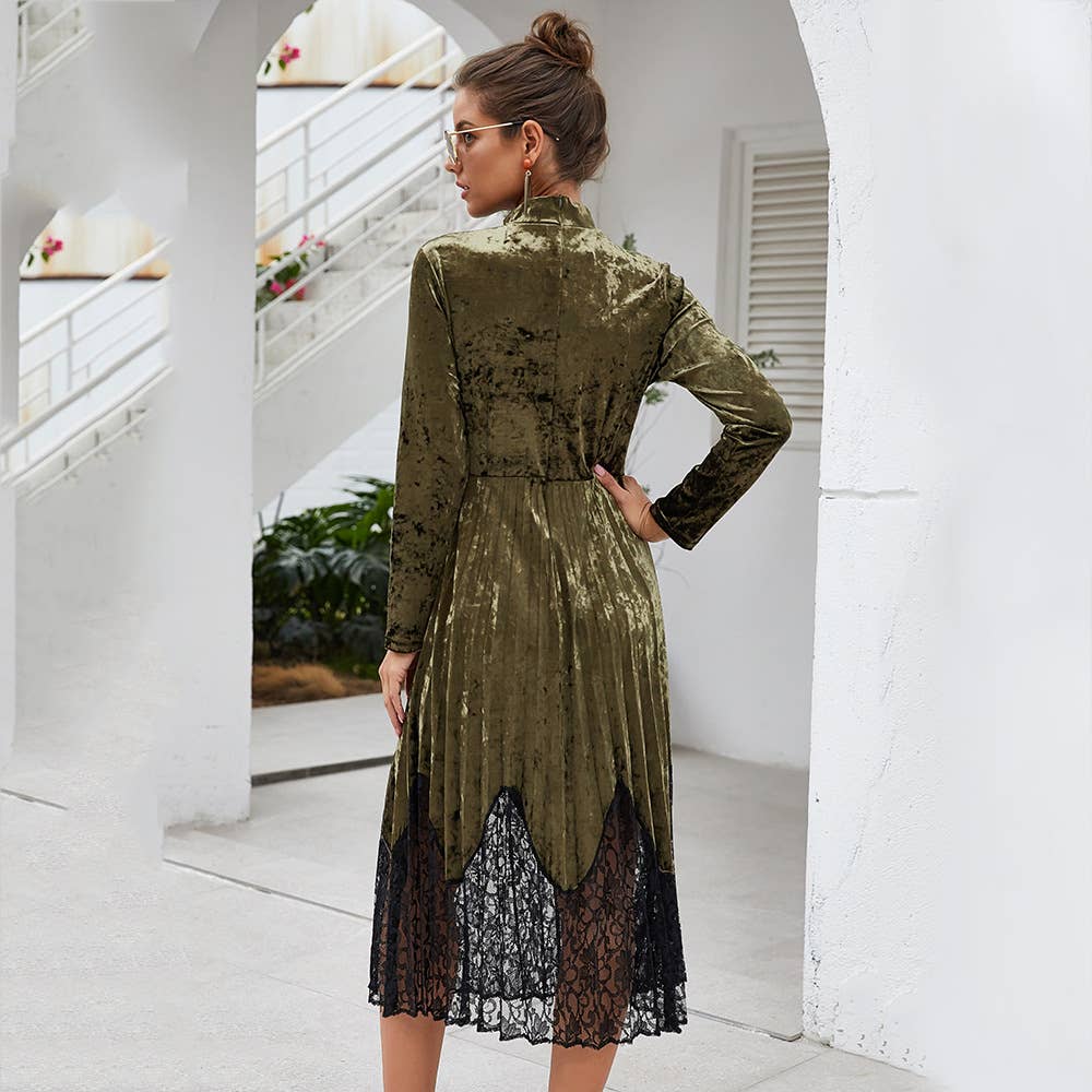 PLEATED LACE PATCHWORK CANARY LONG-SLEEVED DRESS