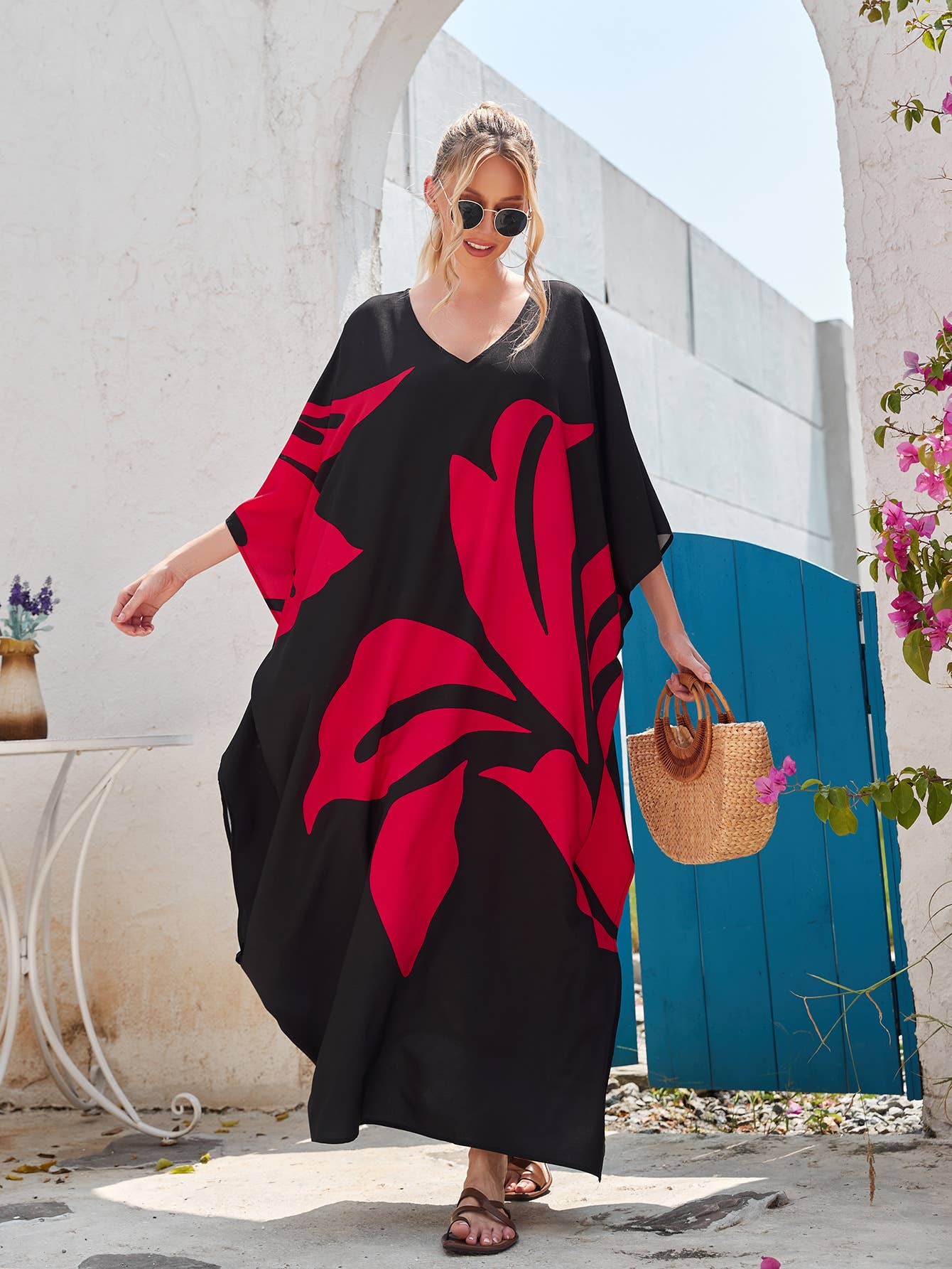 PRINTED BATSLEEVE GOWN LOOSE DRESS BIKINI BLOUSE