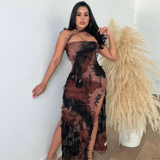 SEXY TIE-DYE FRINGE BEGGAR DRESS WITH SLIT