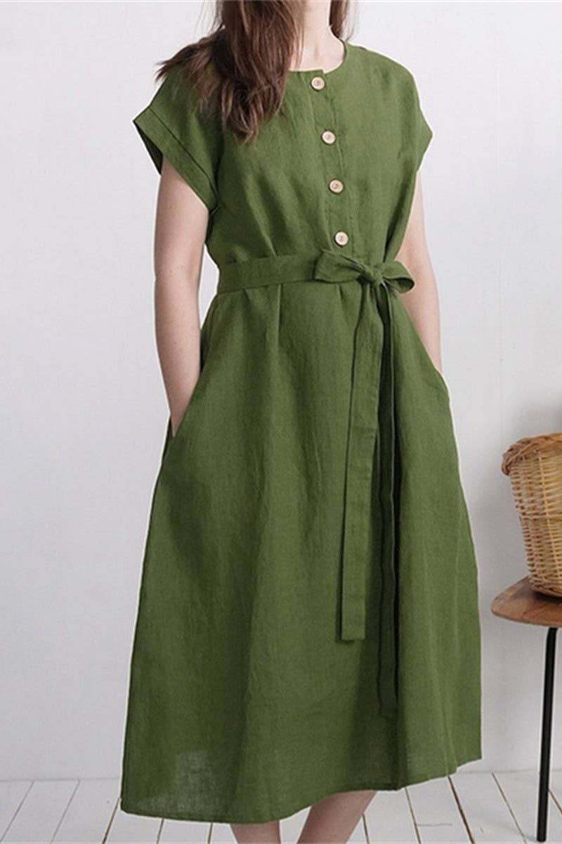 CWDMD3164_COTTON AND LINEN LACE-UP SINGLE-BREASTED DRESS