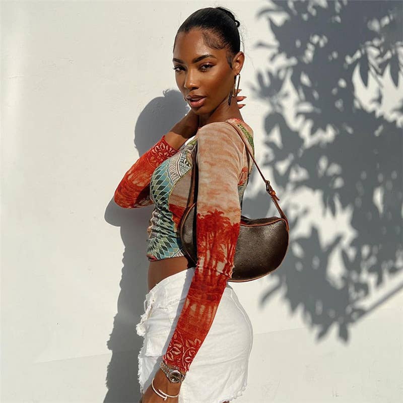 Fashion Print Colorblock Mesh Long Sleeve Top