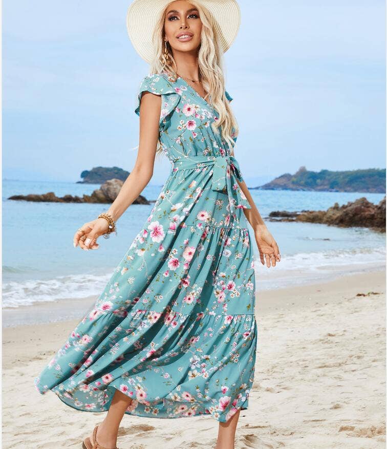 Printed floral strap V-neck short sleeve dress