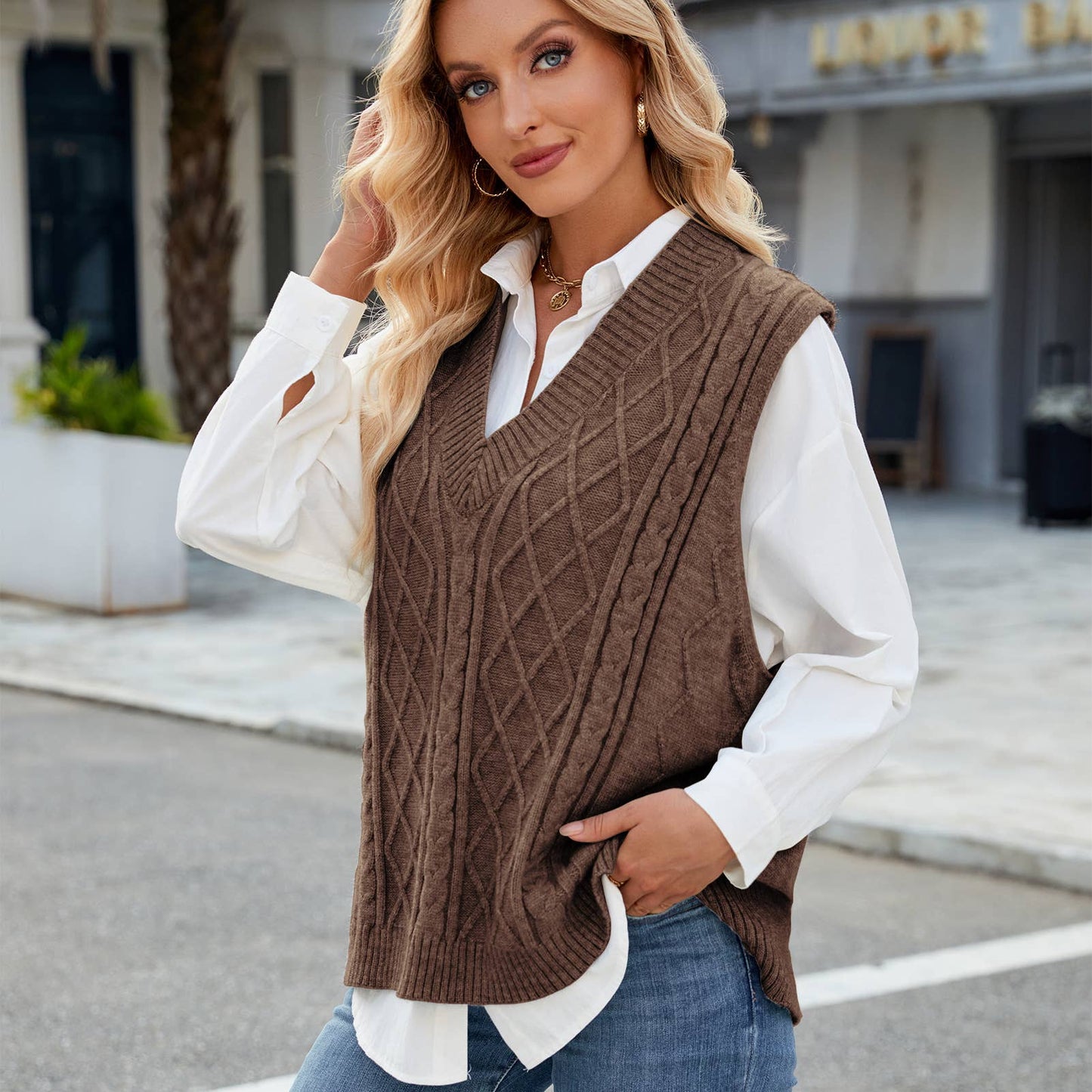 V-NECK LOOSE OUTSIDE VEST SOLID COLOR VEST