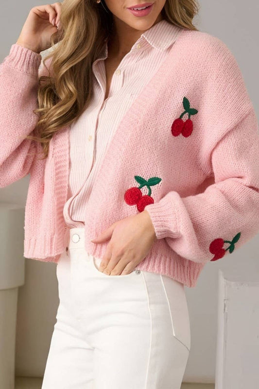 CWOCAL2361_ELEGANT PEACH EMBROIDERY KNIT CARDIGAN TOP