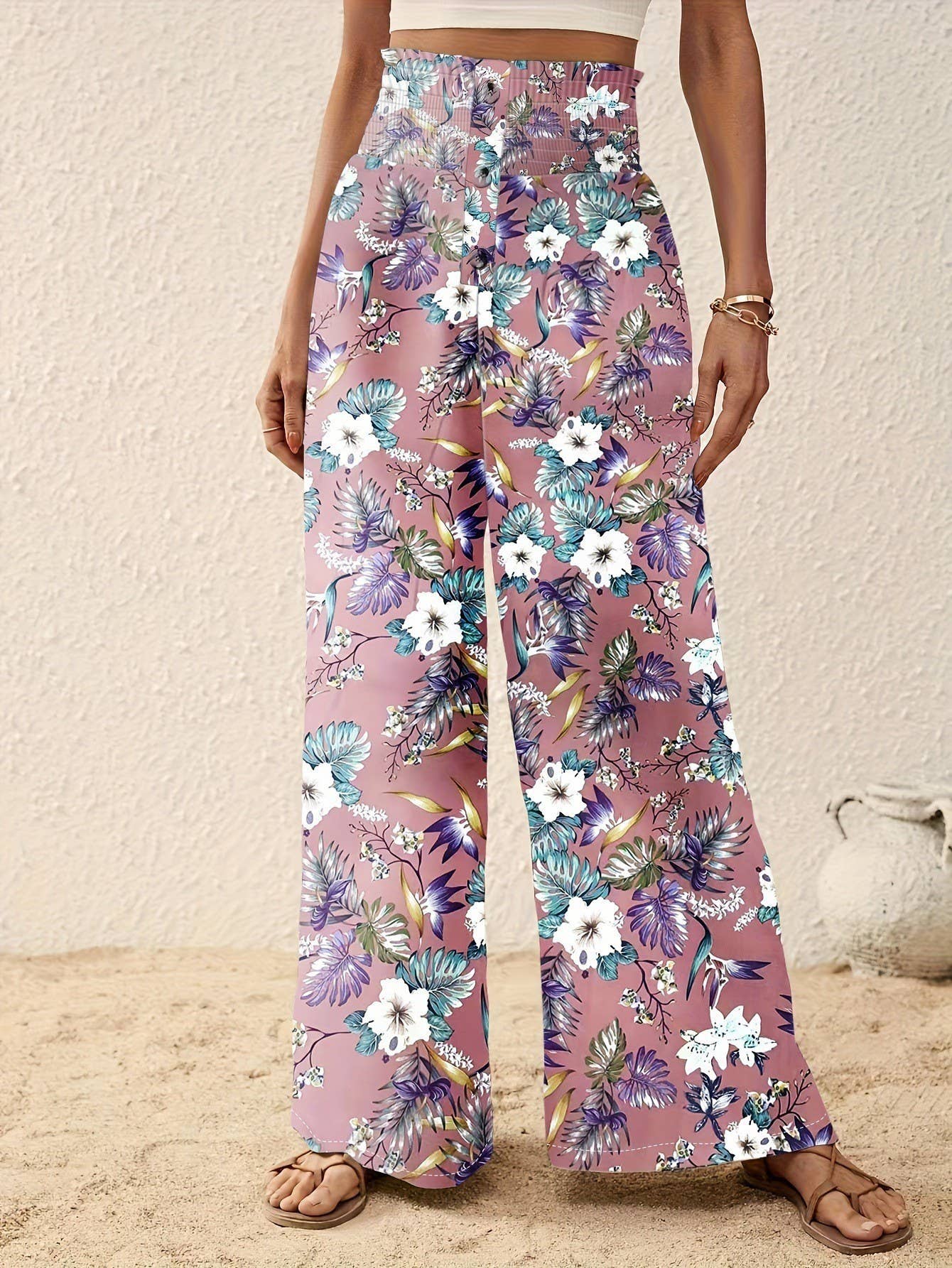 High-waisted,long,straight,printed casual pants