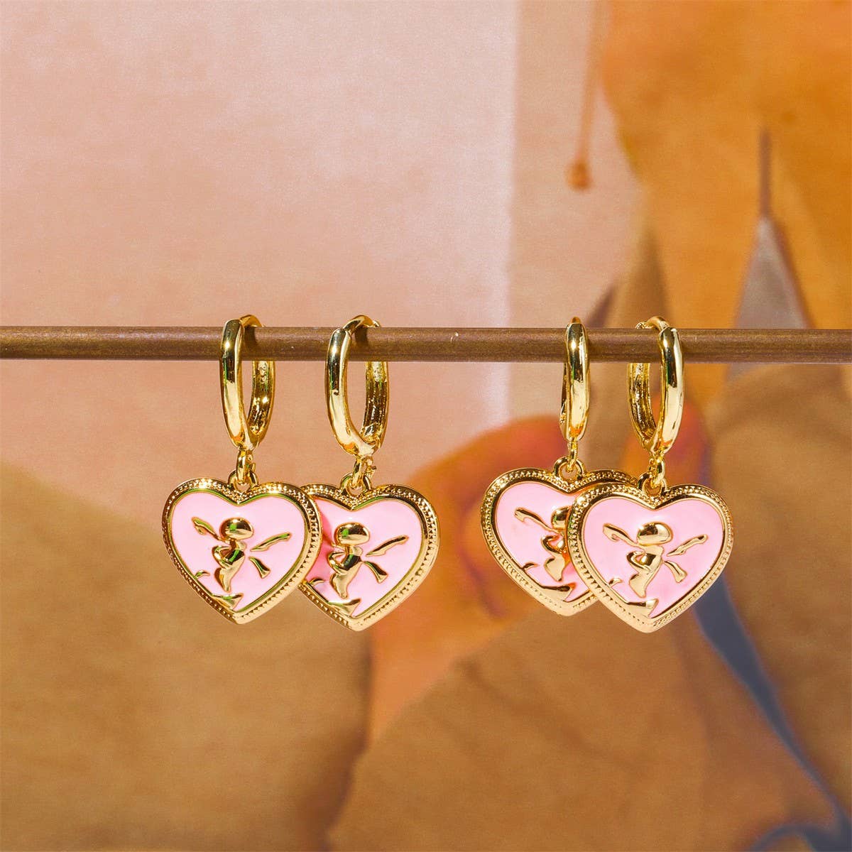 Pink Enamel Heart Earrings Angel Vintage Style_CWAJE5087