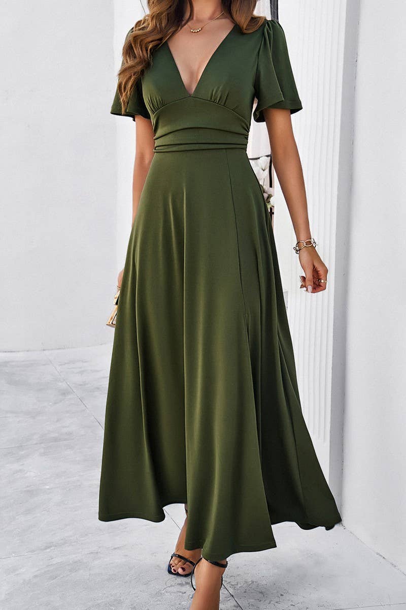CWDMD1333_V-Neck Short Ruffle Sleeve Maxi Dress