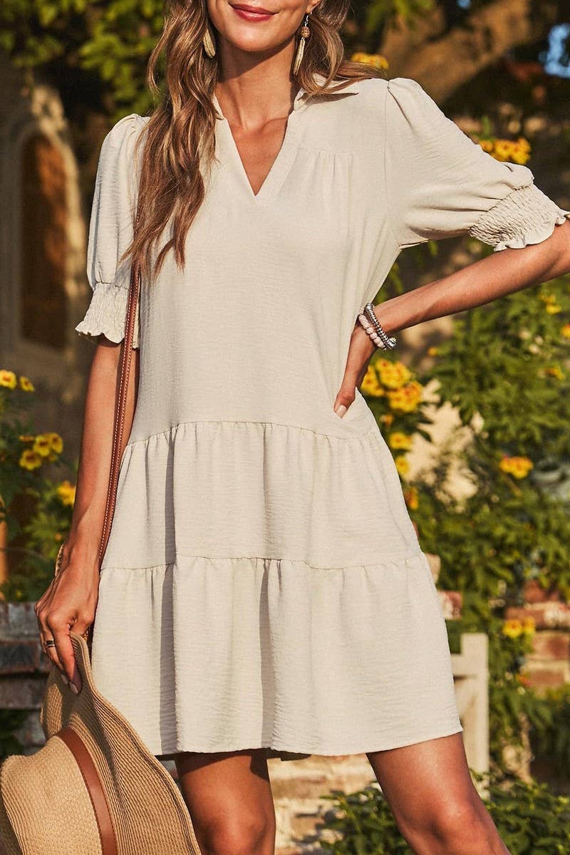 CWDSD7572_SUMMER PLEATED V-NECK SOLID COLOR SLEEVE DRESS