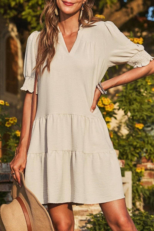 CWDSD7572_SUMMER PLEATED V-NECK SOLID COLOR SLEEVE DRESS