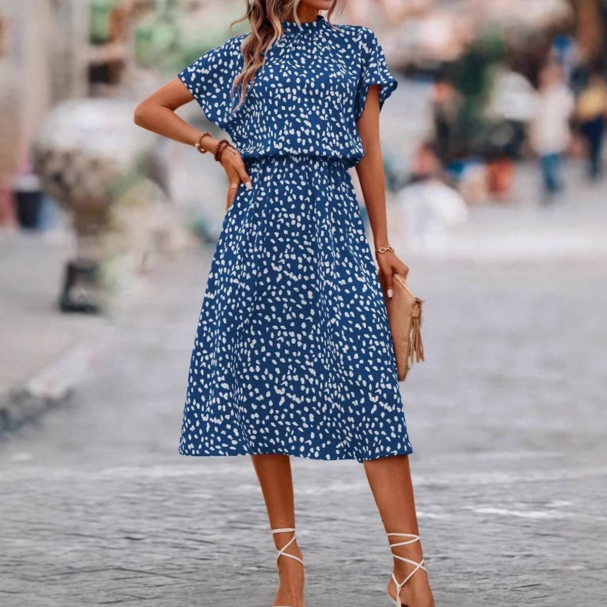 Printed, fashion and simple semi-high-neck dress