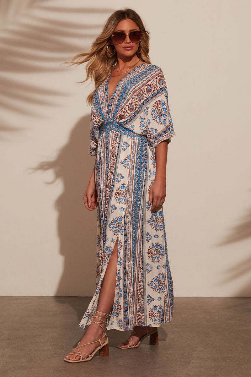 CWDMD5517_FLORAL V NECK SHORT SLEEVE MAXI DRESS