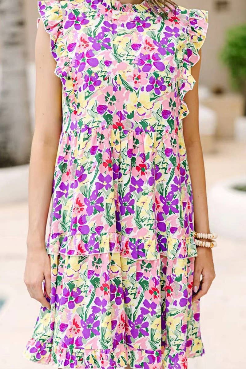 CWDSD6591_PRINTED FUNGUS COLLAR RUFFLE CAKE DRESS