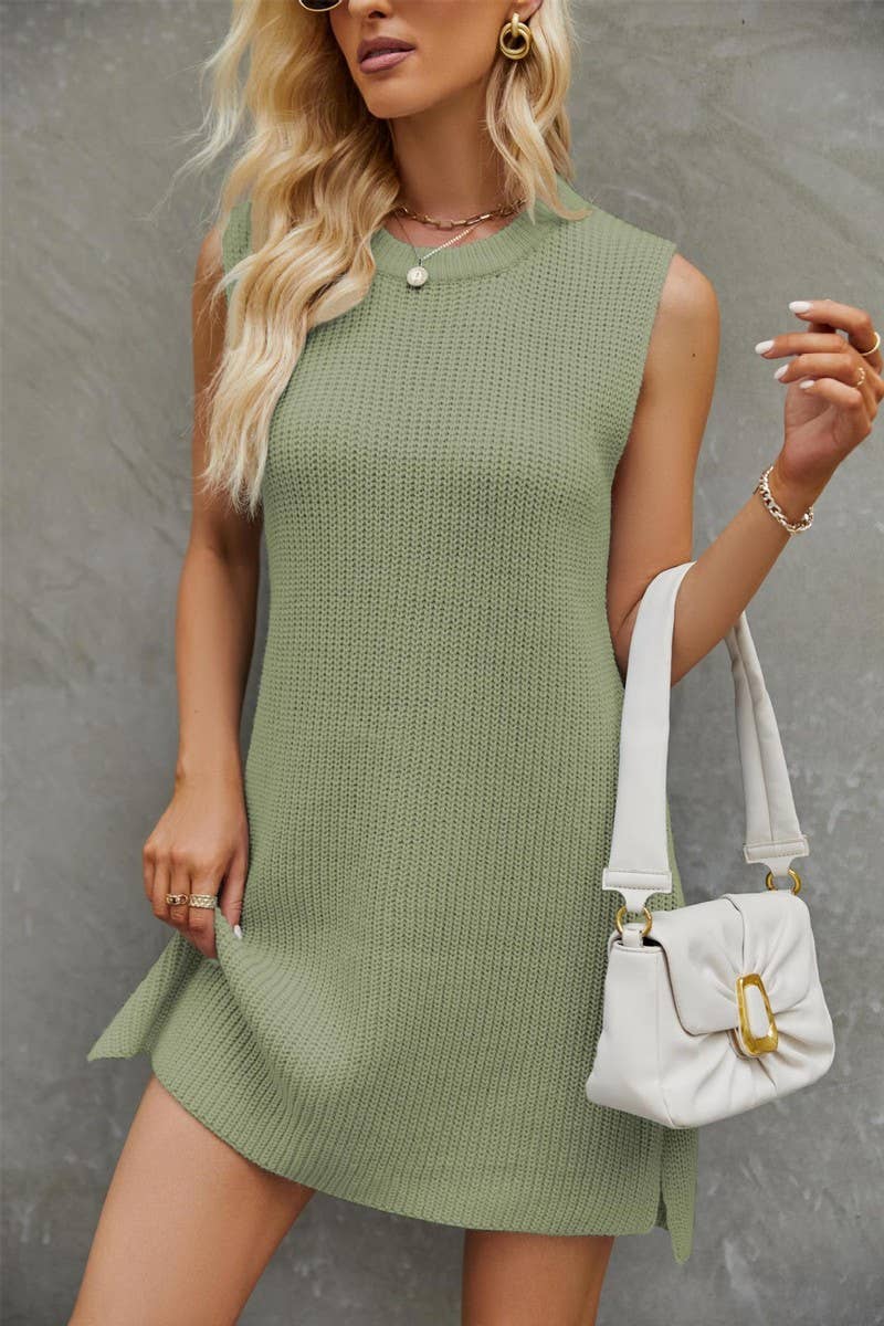 ROUND COLLAR SHORT FASHION SPLIT KNITTING DRESS_CWDSD2848