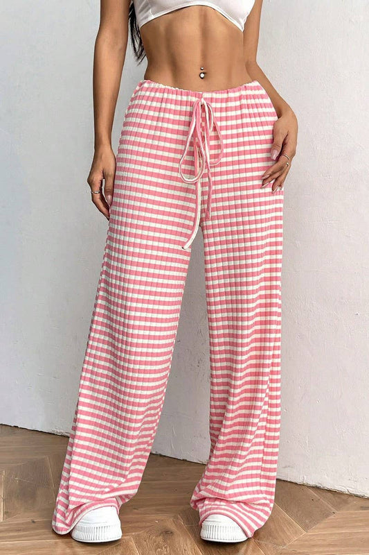CWBLP1991_CASUAL STRIPED SOLID ELASTIC STRAIGHT PANTS
