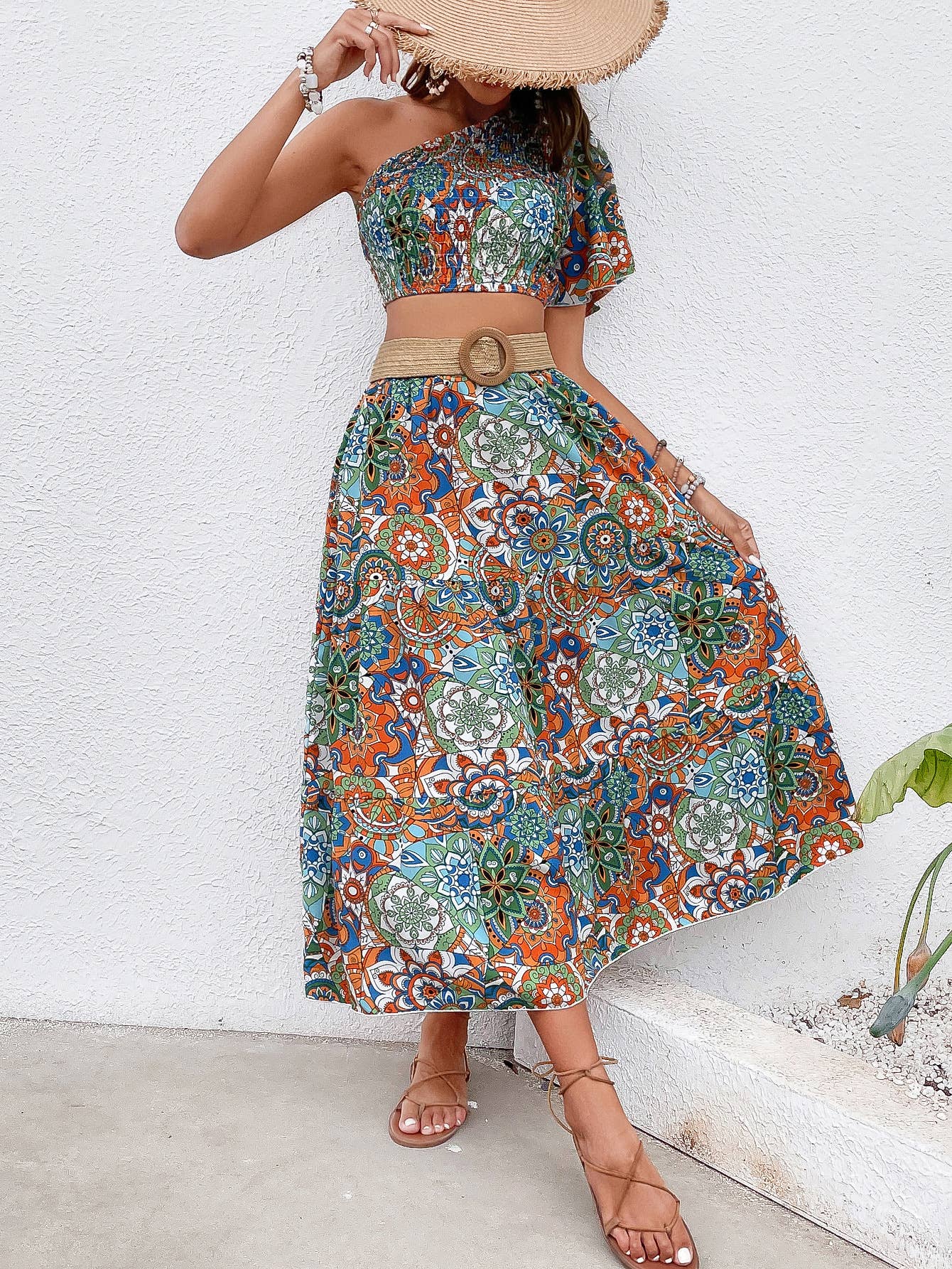 LONG BOHO DRESS WITH WAISTED AND SLOPING SHOULDER
