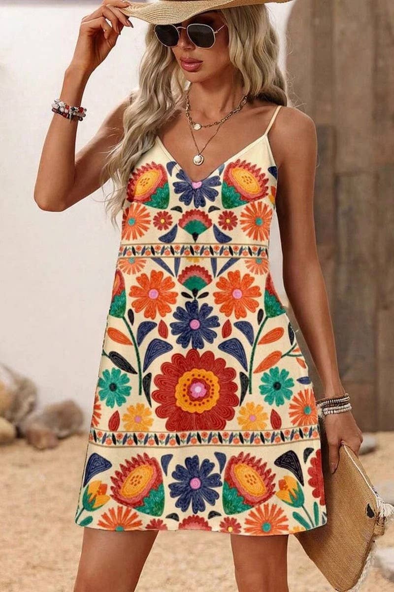CWDSD10504_V-NECK PRINTED SUSPENDER SLEEVELESS DRESS
