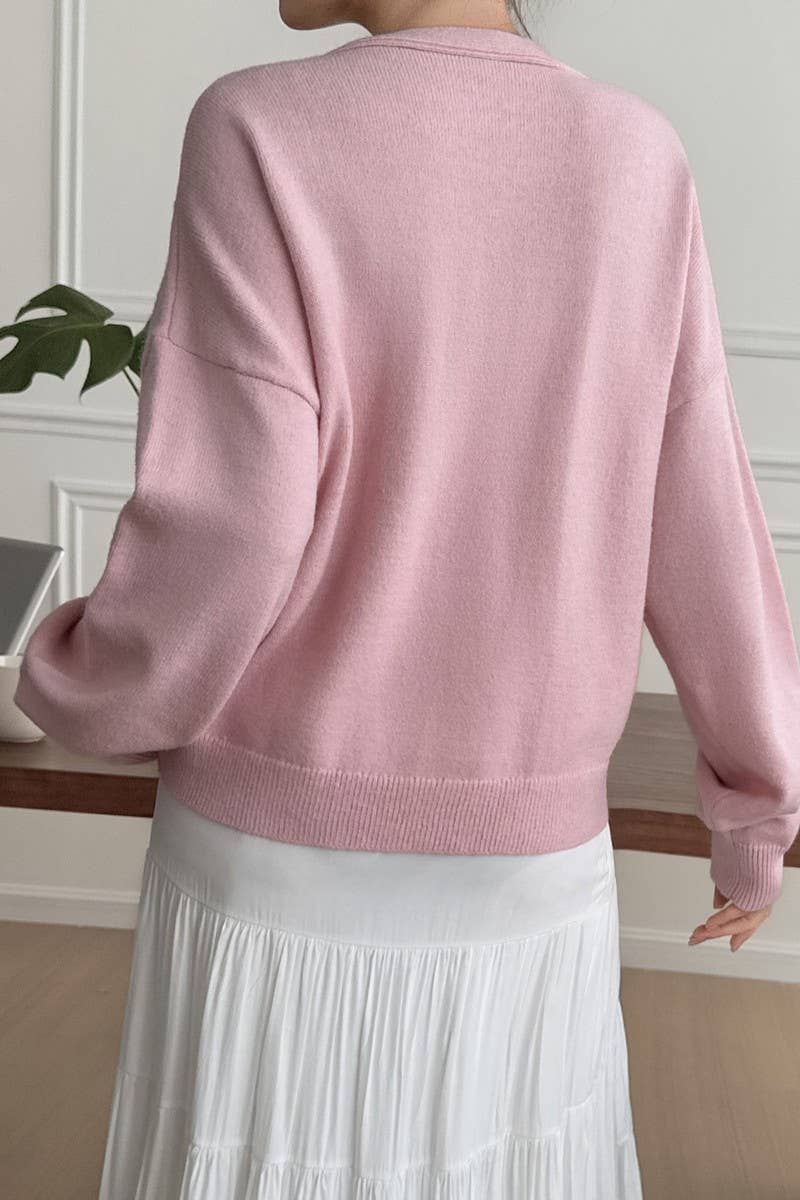 CWOCAL00771_SOLID COLOR V-NECK KNITTED CARDIGAN