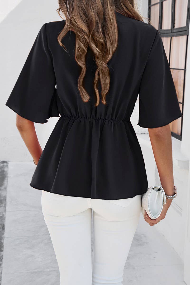 SOLID COLOR ELEGANT SHORT SLEEVED BELTED TOP_CWTSTS0323