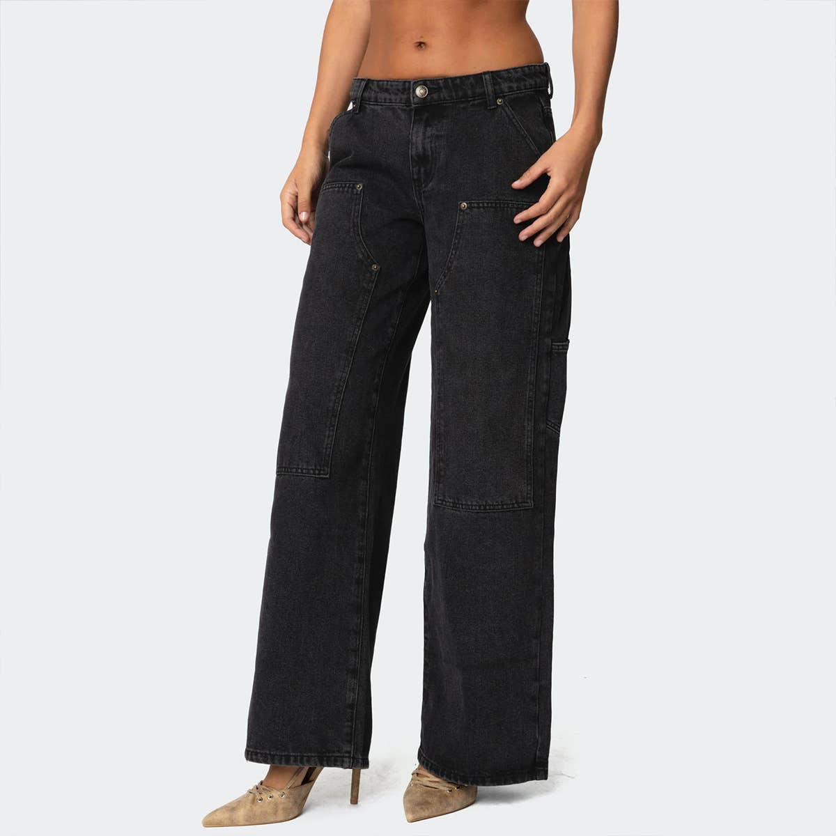 Loose-fitting wide-leg rivet work jeans