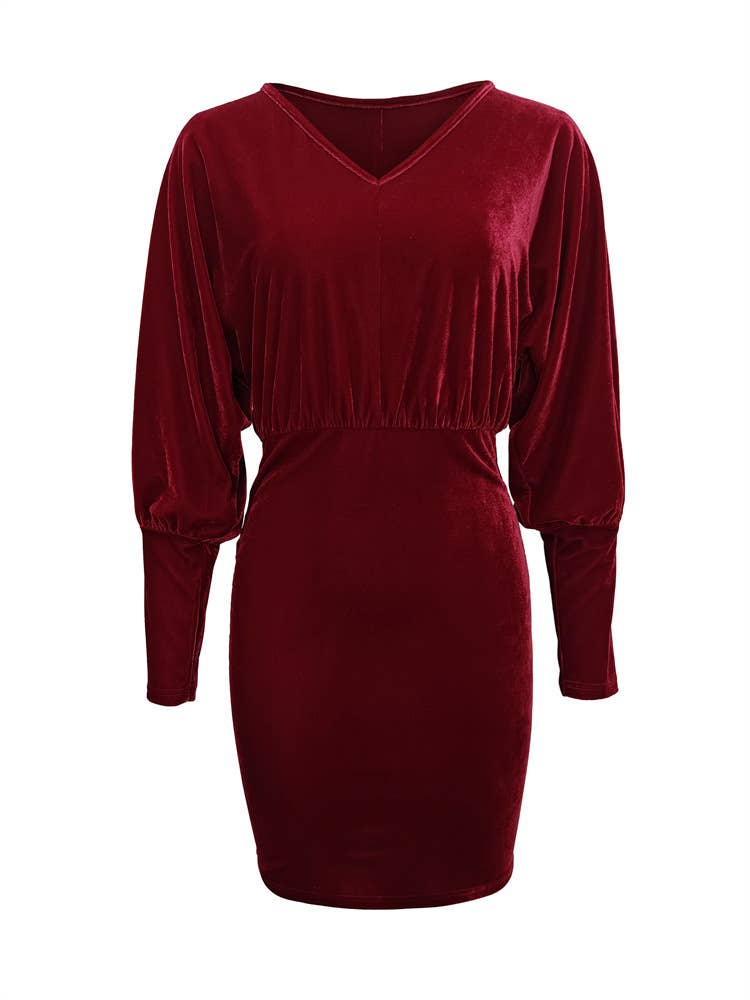 Sexy V-neck bat-sleeved velvet-wrapped hip dress