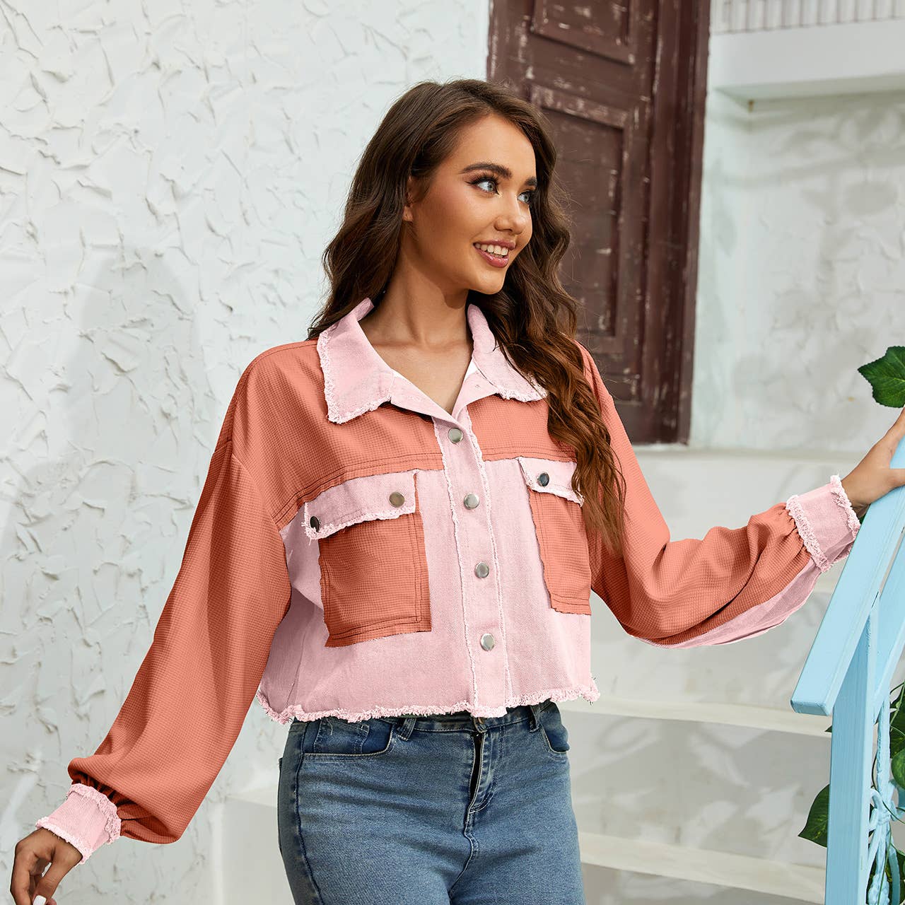 Lapel waffle check color-blocked short coat