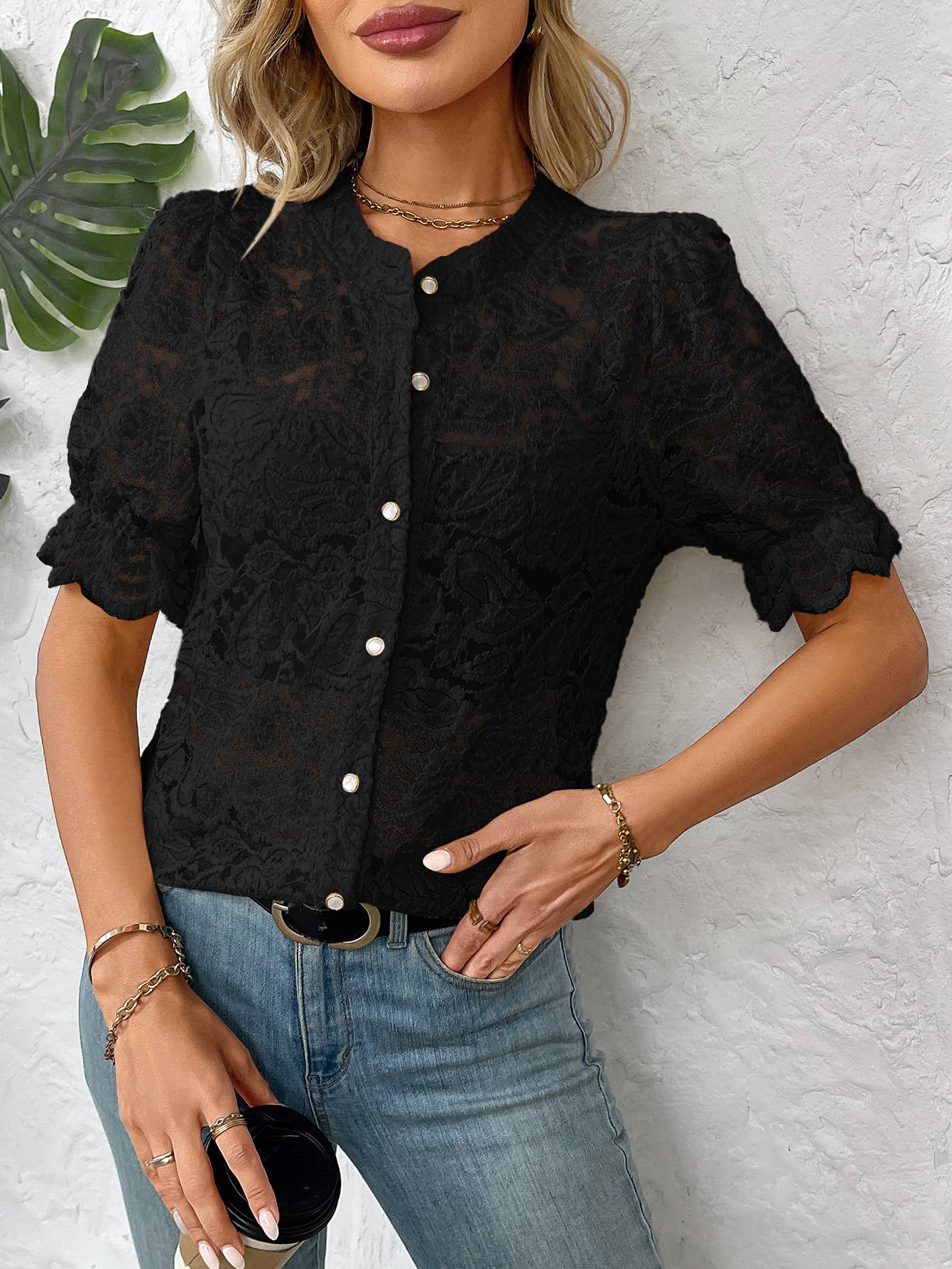 Lace short-sleeved casual single-breasted shirt