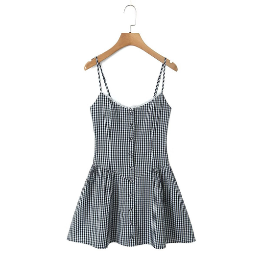 Plaid Button Front Cami Dress - French Style_CWDMD5798