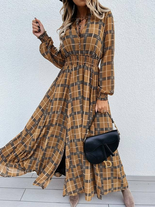 PLAID PRINT LONG-SLEEVED WAIST SLIT DRESS