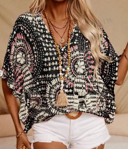 V-neck printed resort-style batsleeved top