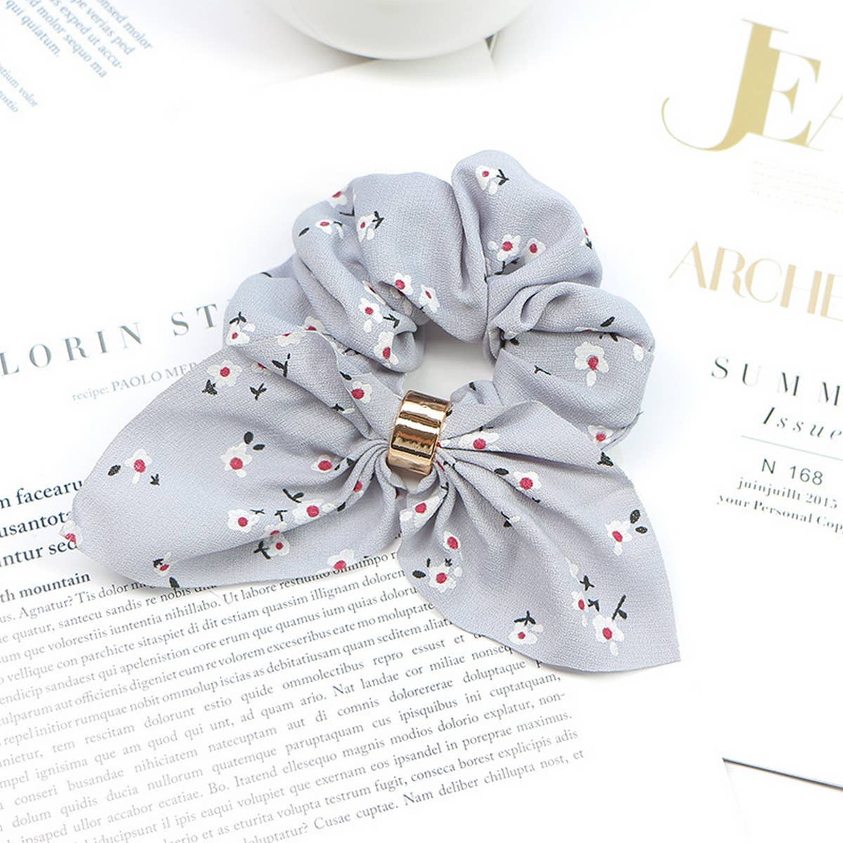 PRINTED METAL BUCKLE BOW HAIR TIE_CWAHA1068