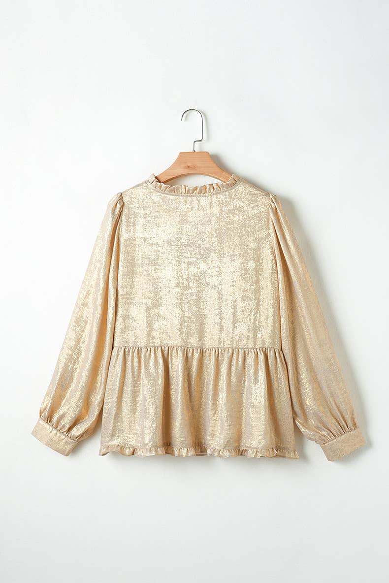 SOLID COLOR RUFFLED V-NECK BUBBLE SLEEVE PULLOVER