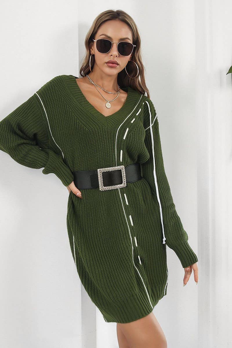 CWDSD7333_LOOSE NEW V-NECK LONG-SLEEVED SWEATER DRESS