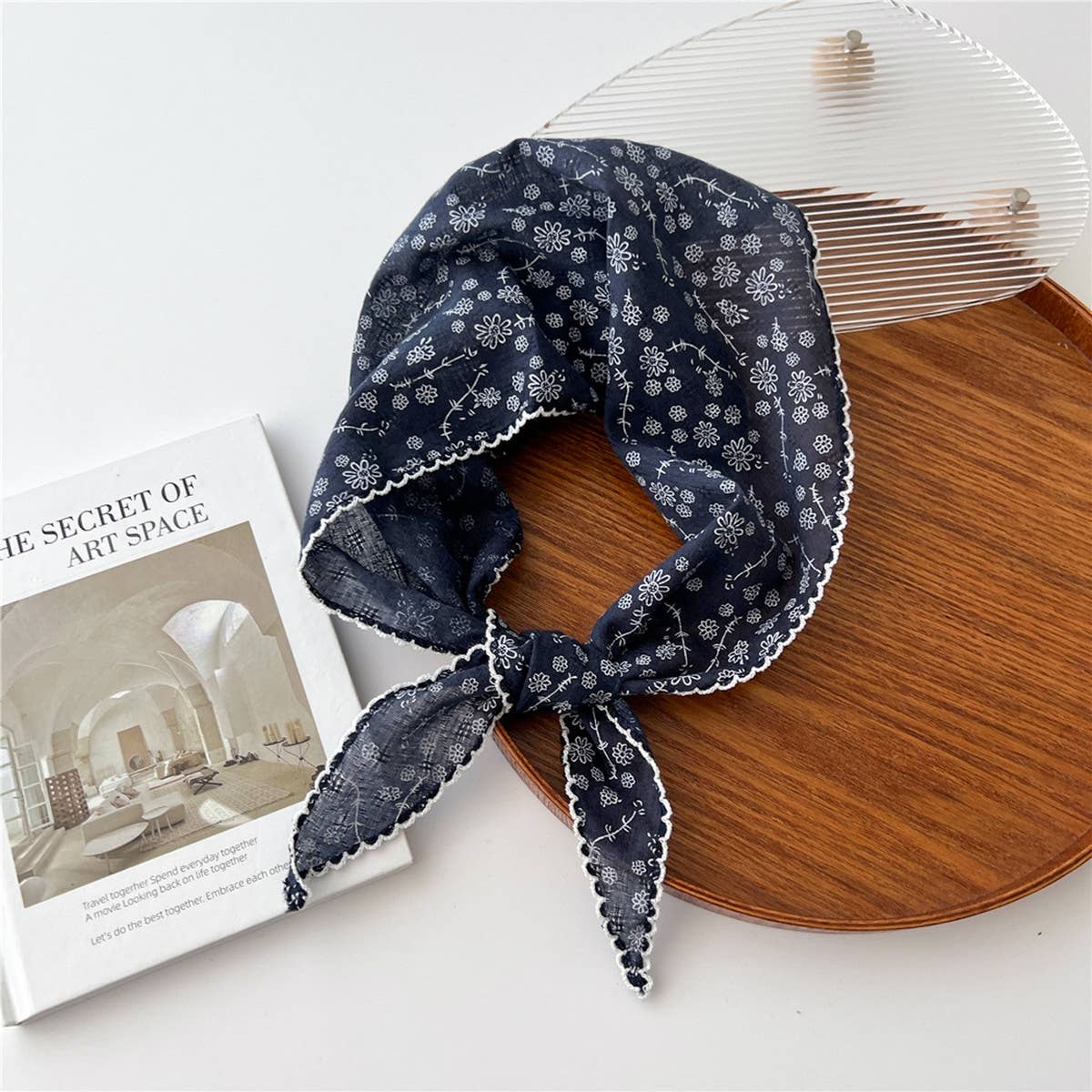 Lace Trim Cotton Linen Floral Triangle Scarf