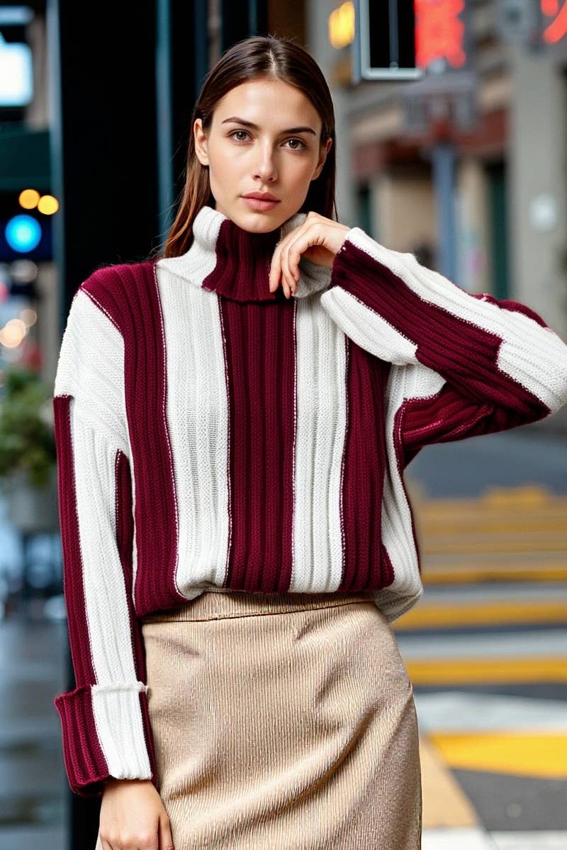CWOSWL07083_STRIPED KNITTED HIGH-NECK LONG-SLEEVED SWEATER