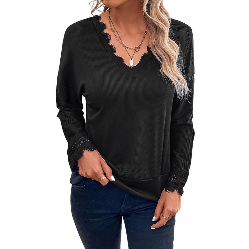 LACE TRIM V-NECK THIN SIMPLE SOLID COLOR SWEATER
