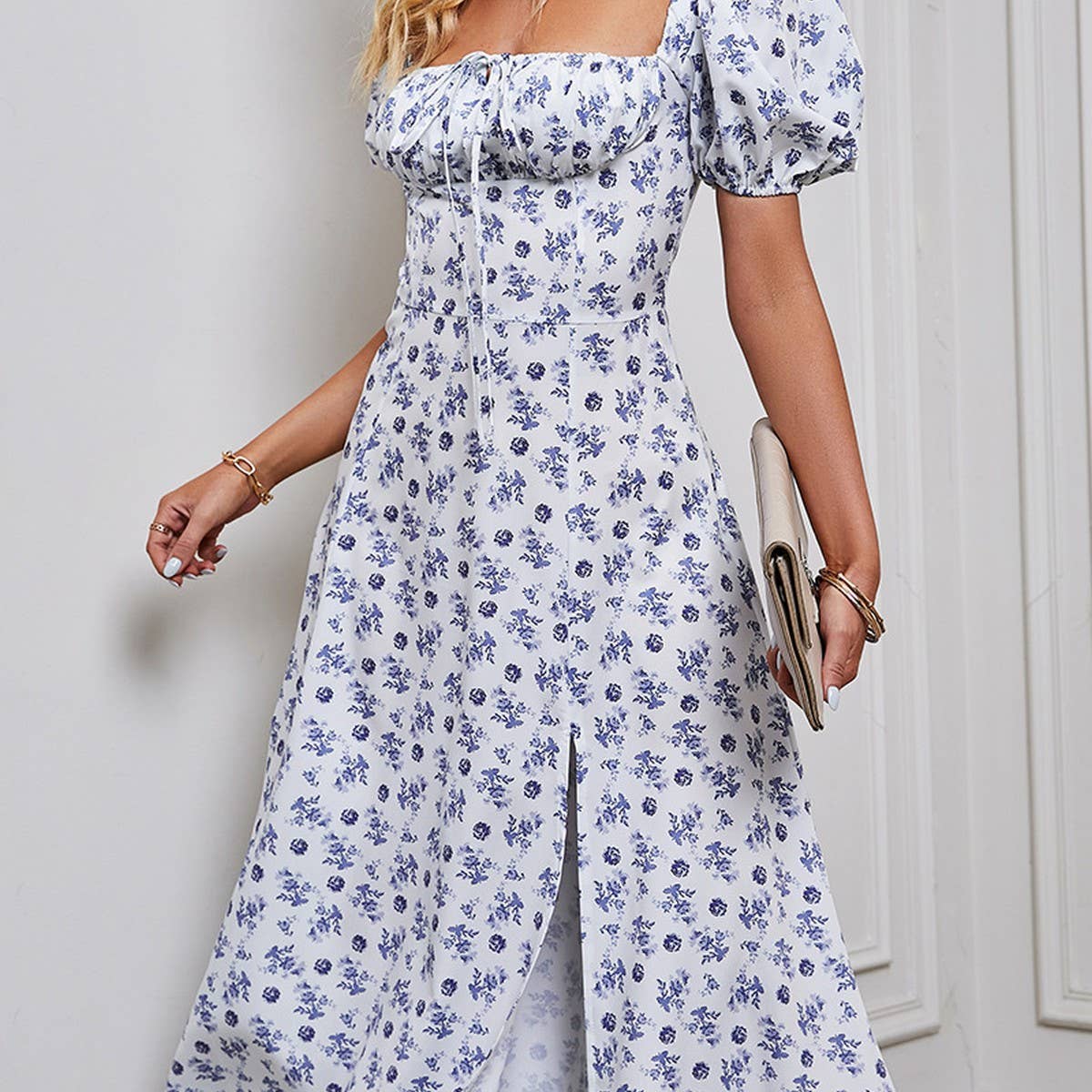 Puffy sleeve, strapless, split floral dress