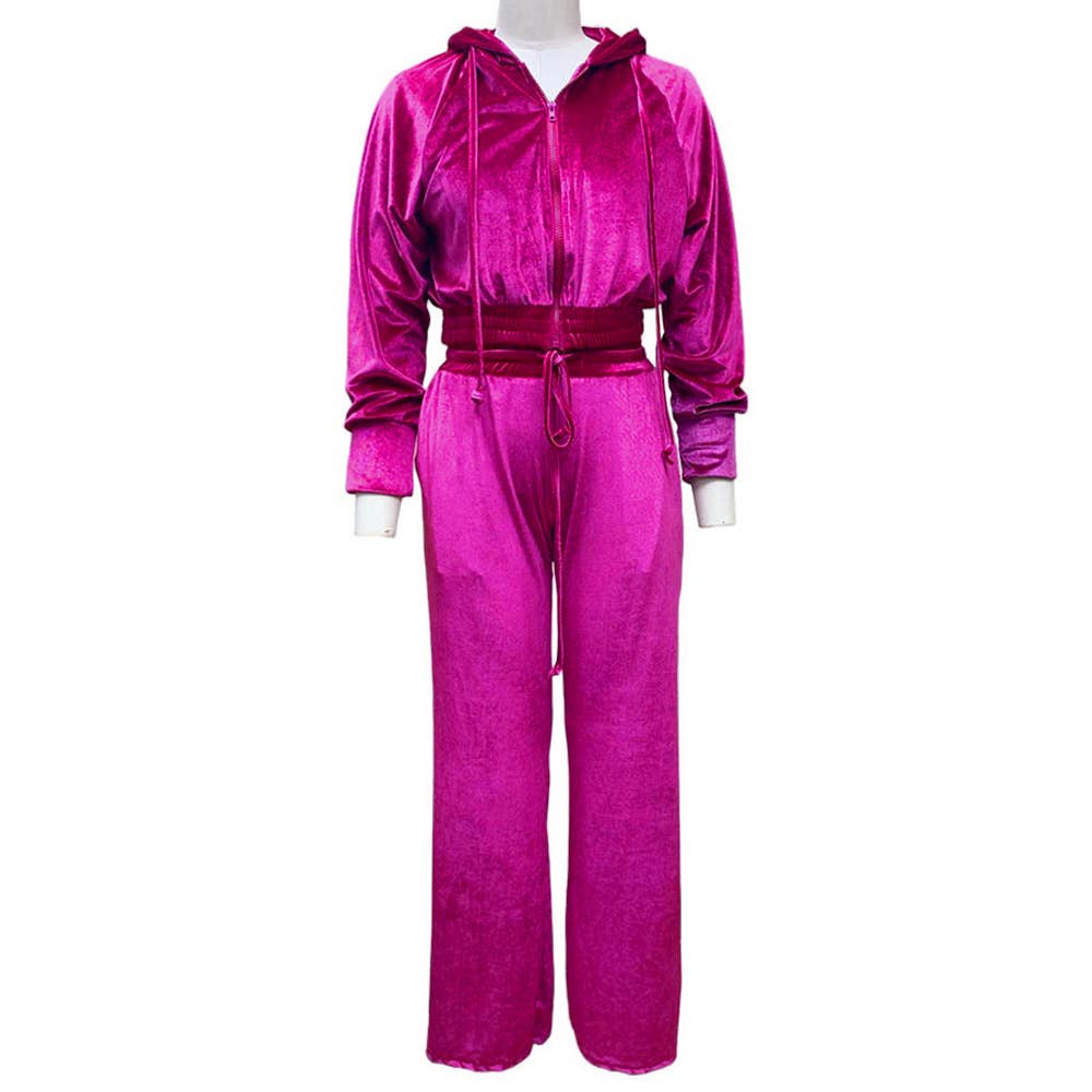 Hooded zipper jacket and velvet casual pants set