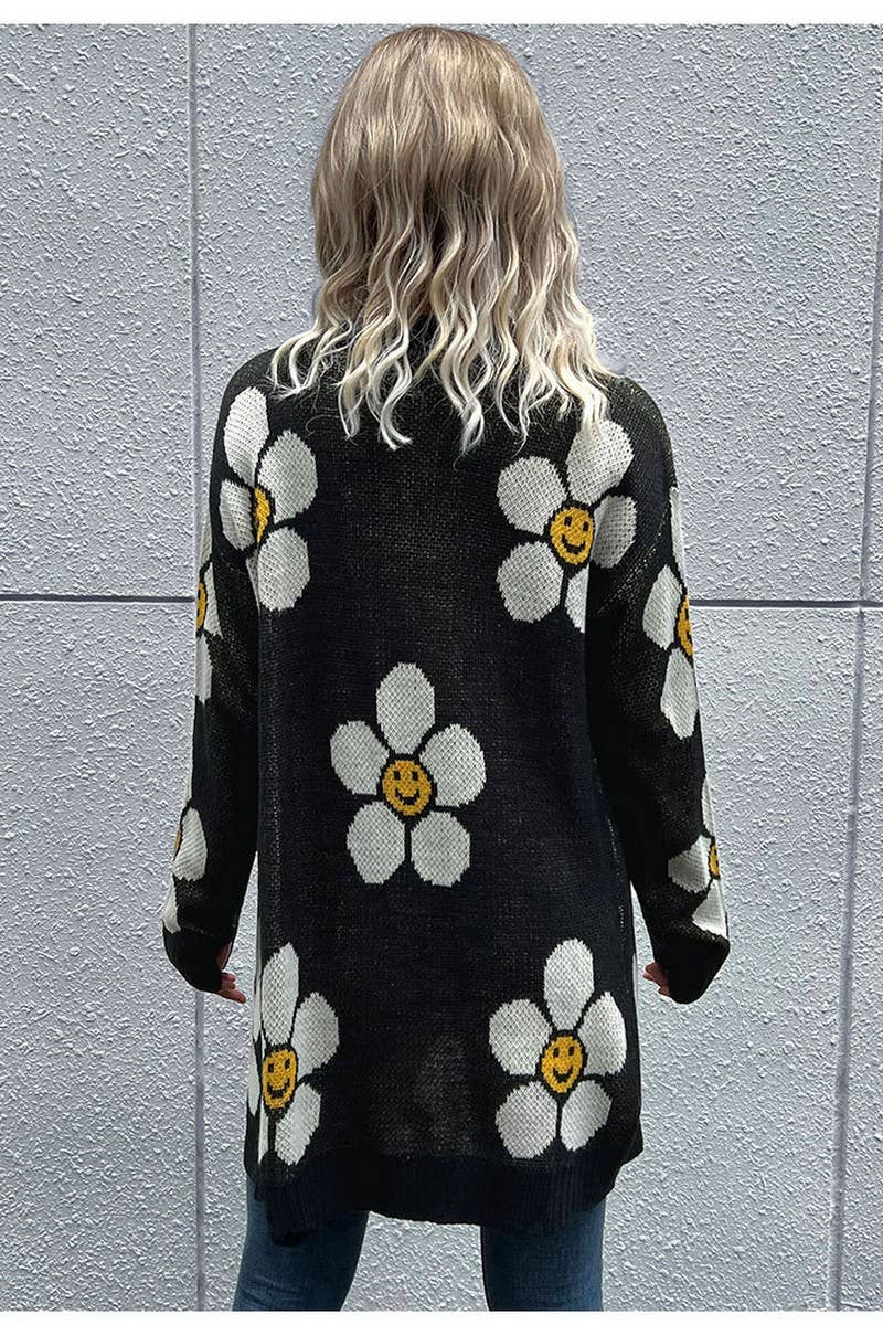 CWOCAL1119_FLORAL LONG SLEEVE MID-LENGTH KNITTED CARDIGAN